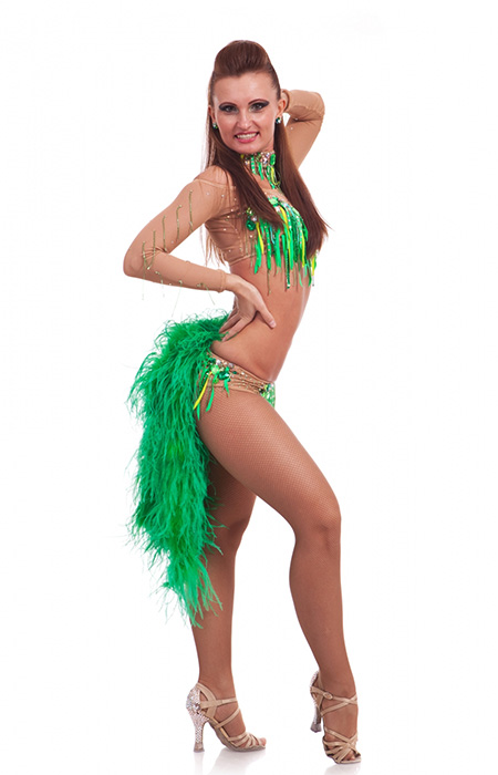 Women green extravagant dress for latin ballroom dancing