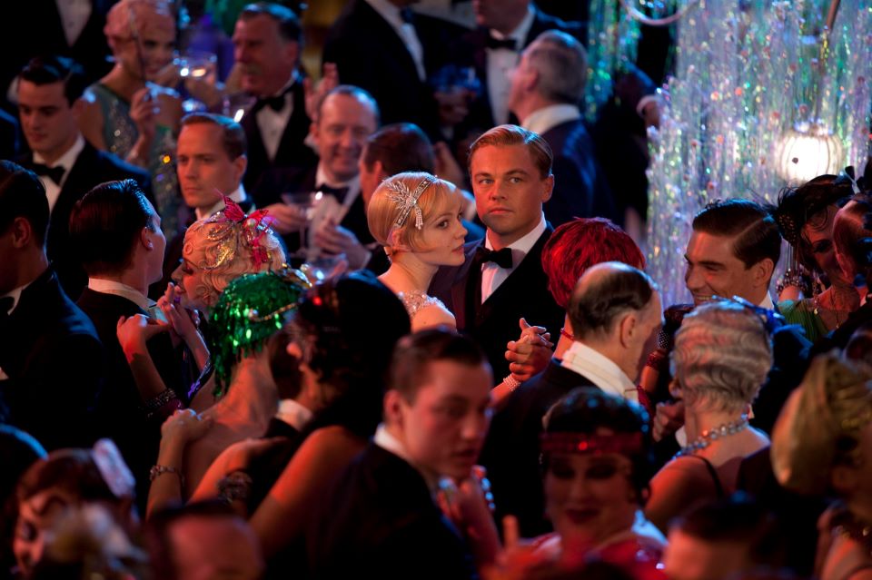 Leonardo Dicaprio at overcrowded ballroom dance hall, The Great Gatsby movie scene