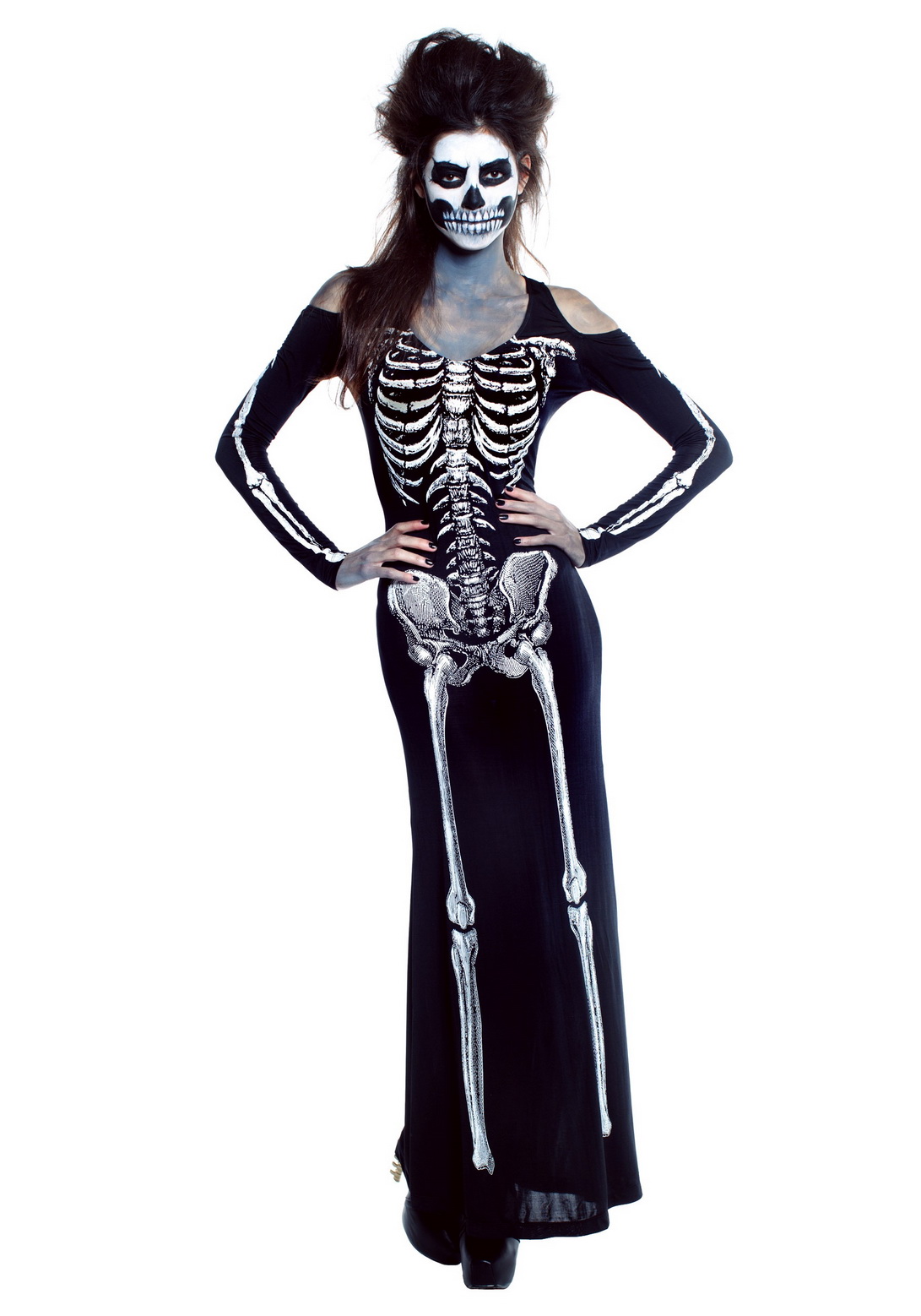 Womens Bone Skeleton Long Dress Costume